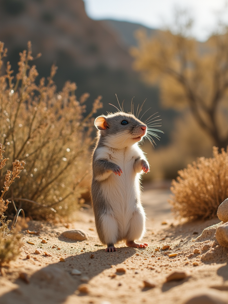 a rodent standing on its hind legs in the desert